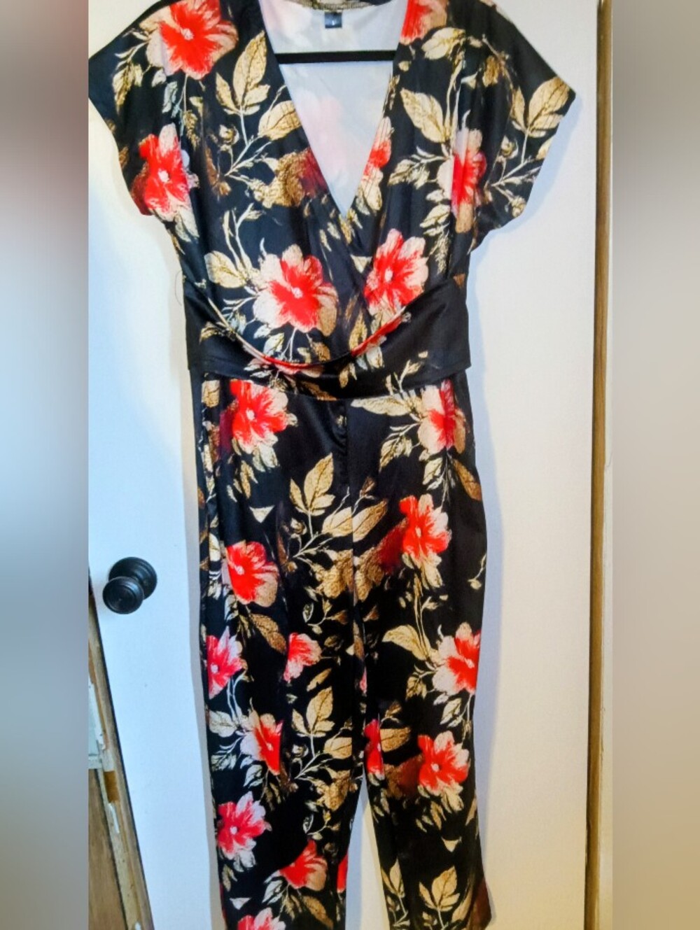 Women's Floral Short Sleeve Wide Leg Jumpsuit Romper One Piece Outfit Size Large